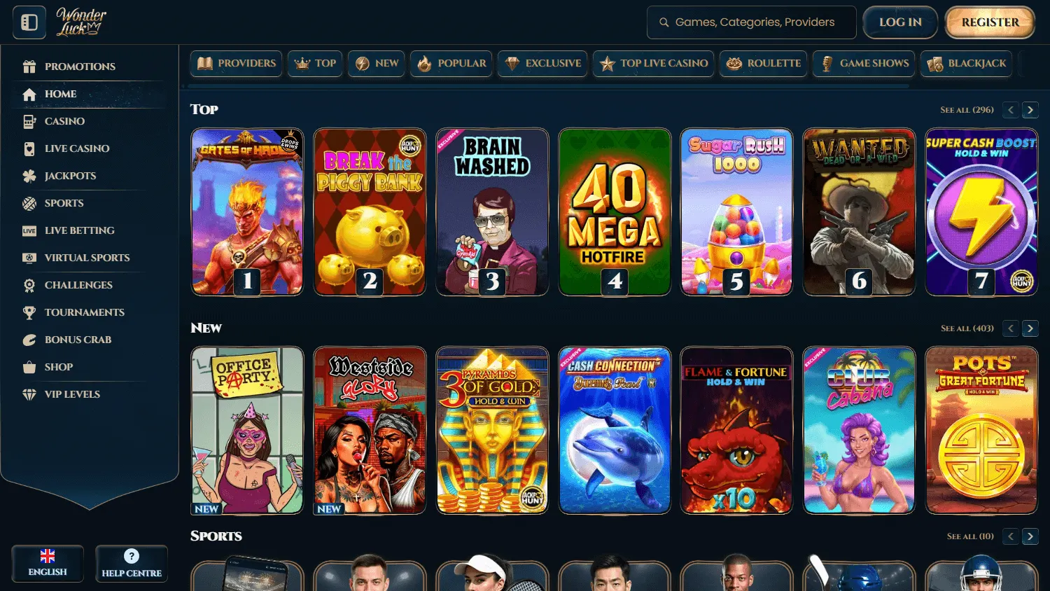 Wonder Luck Casino home view on desktop