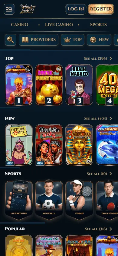 Wonder Luck Casino home view on a mobile browser
