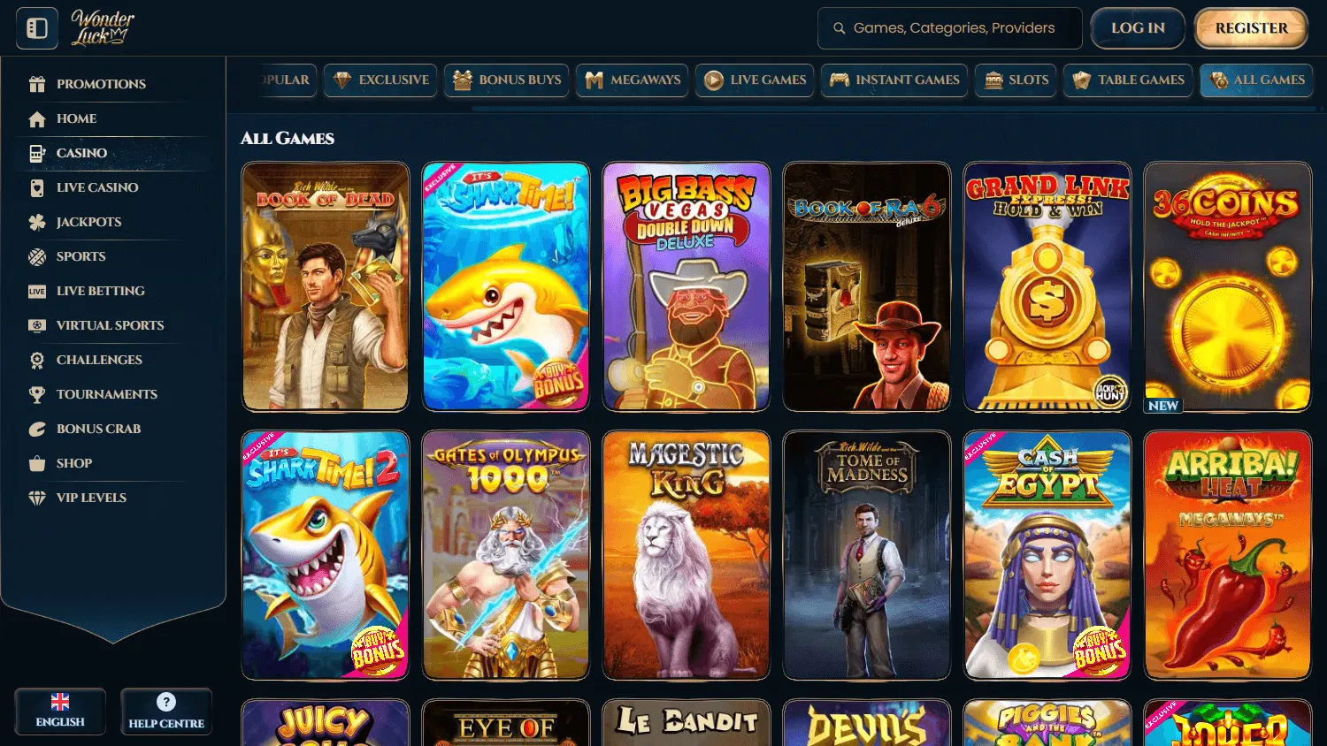 Wonder Luck Casino games view on desktop