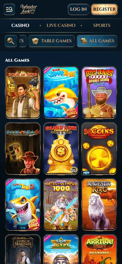 Wonder Luck Casino games view on a mobile browser