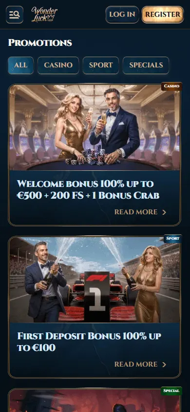 Wonder Luck Casino promotions view on a mobile browser