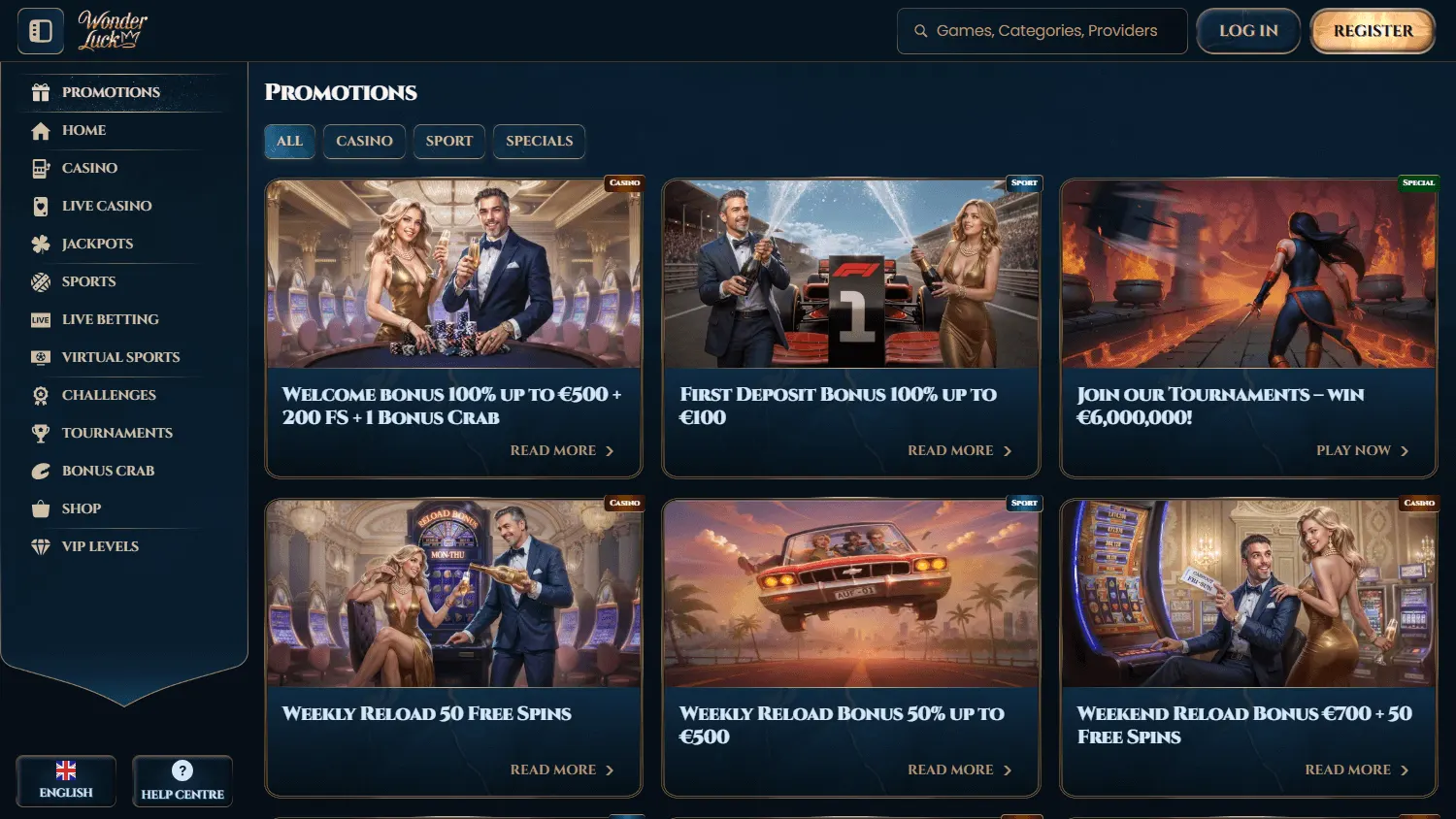 Wonder Luck Casino promotions view on desktop